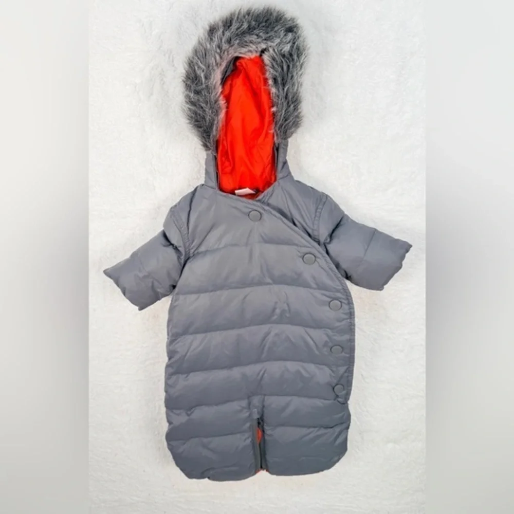Hanna Andersson Baby Down Bunting Snowsuit Gray Faux Fur Hood Newborn NB